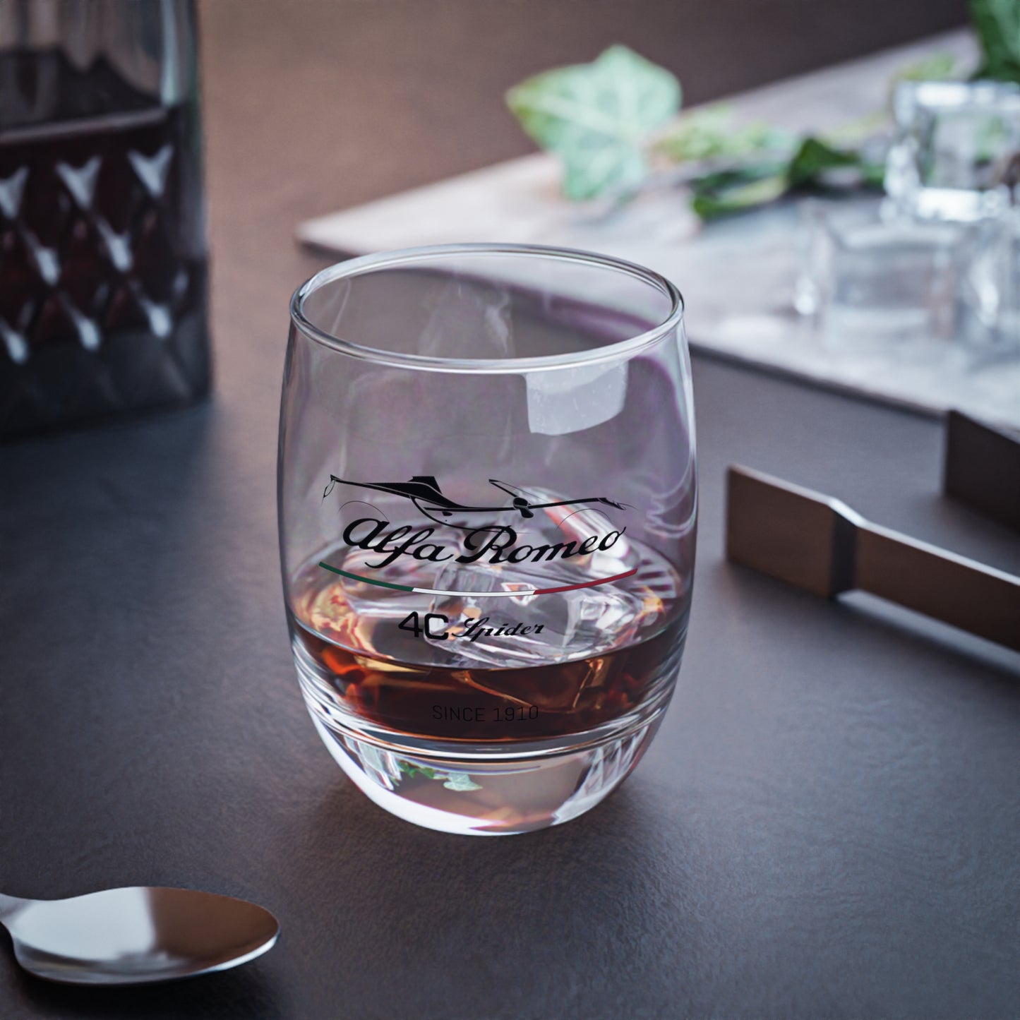 6oz Whiskey Glass with Alfa Romeo Script, 4C Spider Silhouette & Racing Italian Flag – Sleek Bar Essential - AI Print Spot