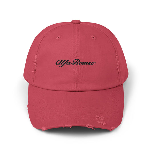 Alfa Romeo Script Logo Distressed Hat - Unisex 100% Cotton Twill - Adjustable Fit Cap - Stylish and Durable - Perfect for Car Enthusiasts