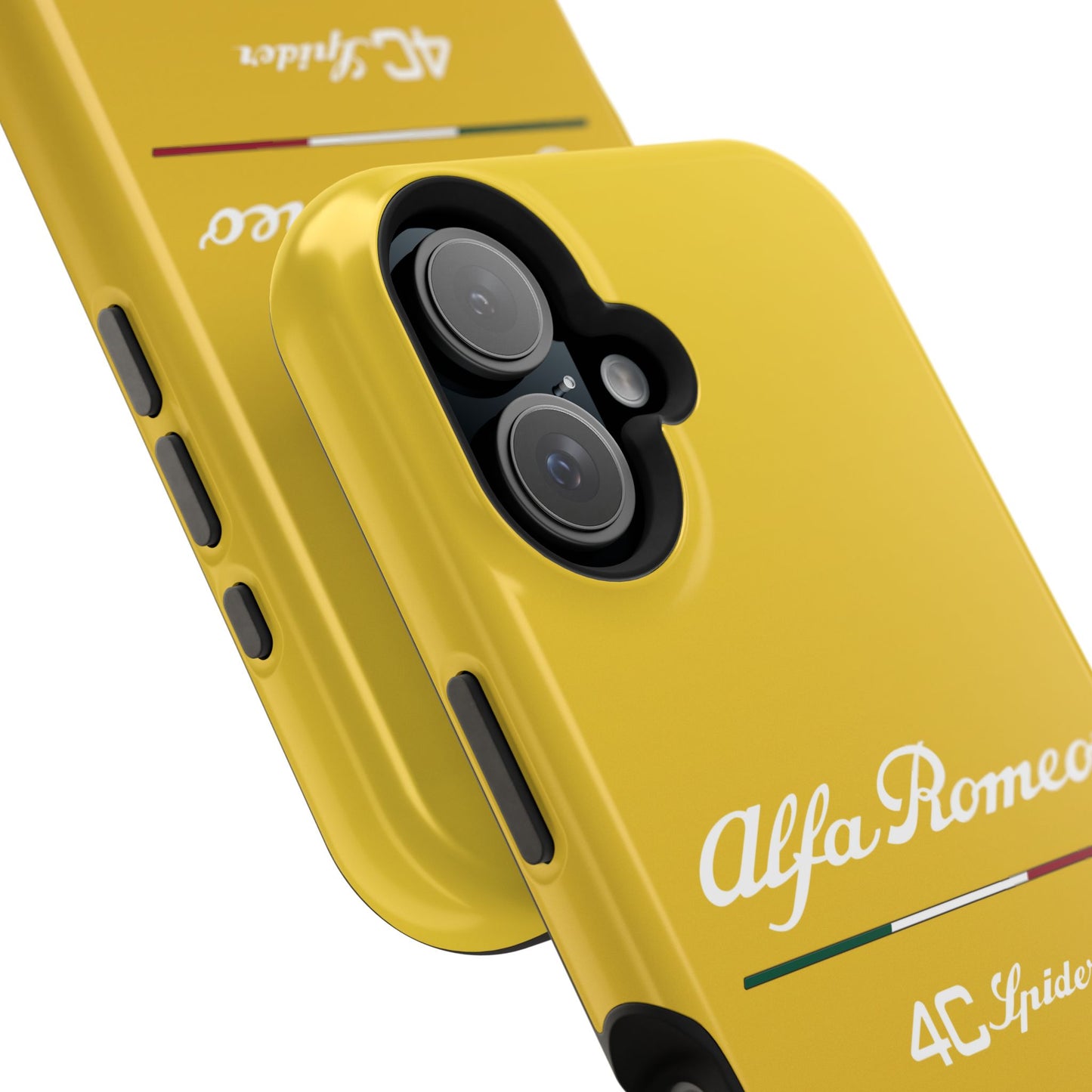 MagSafe® Dual Layer iPhone Case - Alfa Romeo 4C Spider Design in White on Giallo Prototipo