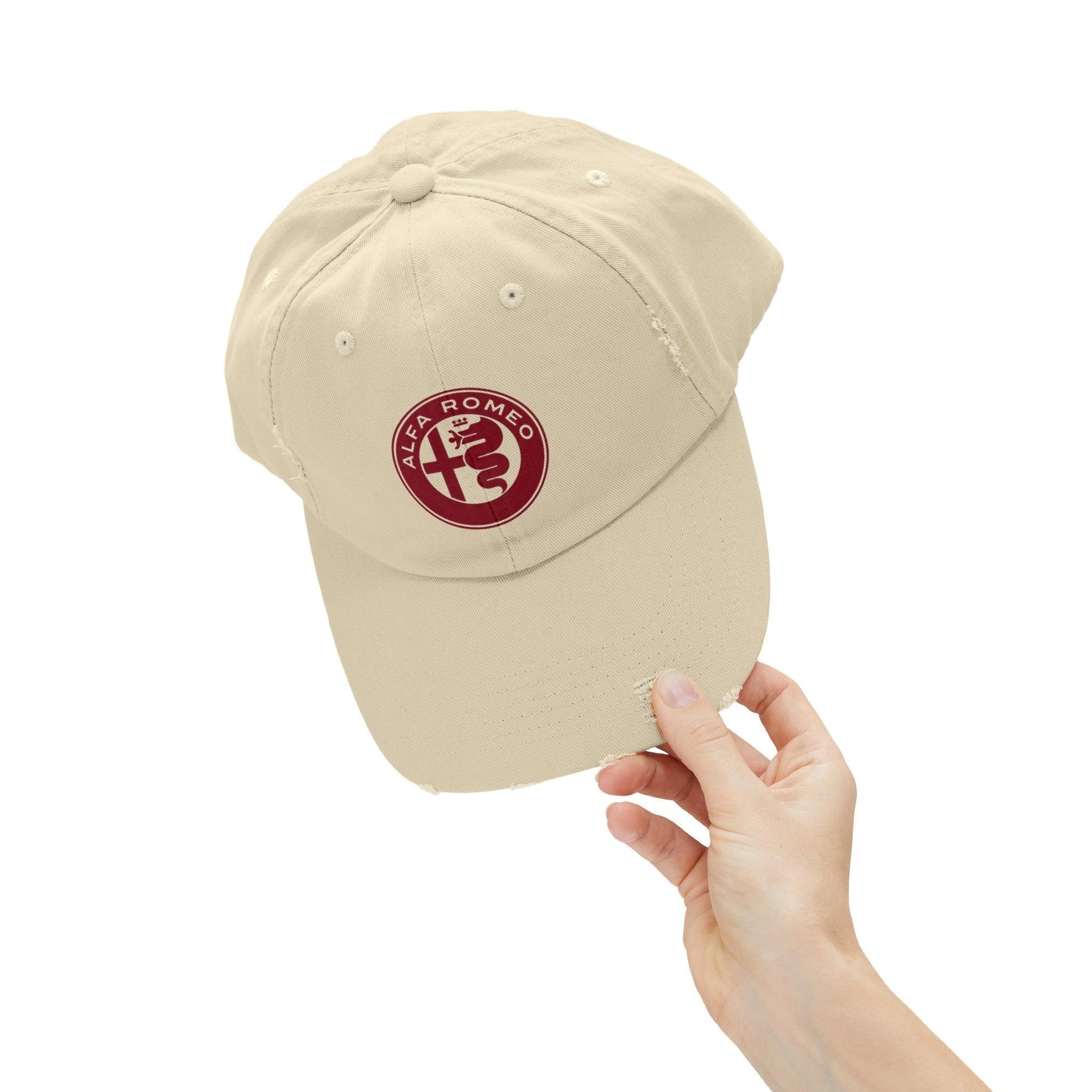 Alfa Romeo Distressed Hat - Unisex 100% Cotton Twill - Adjustable Fit Cap - Stylish and Durable - Perfect for Car Enthusiasts - AI Print Spot