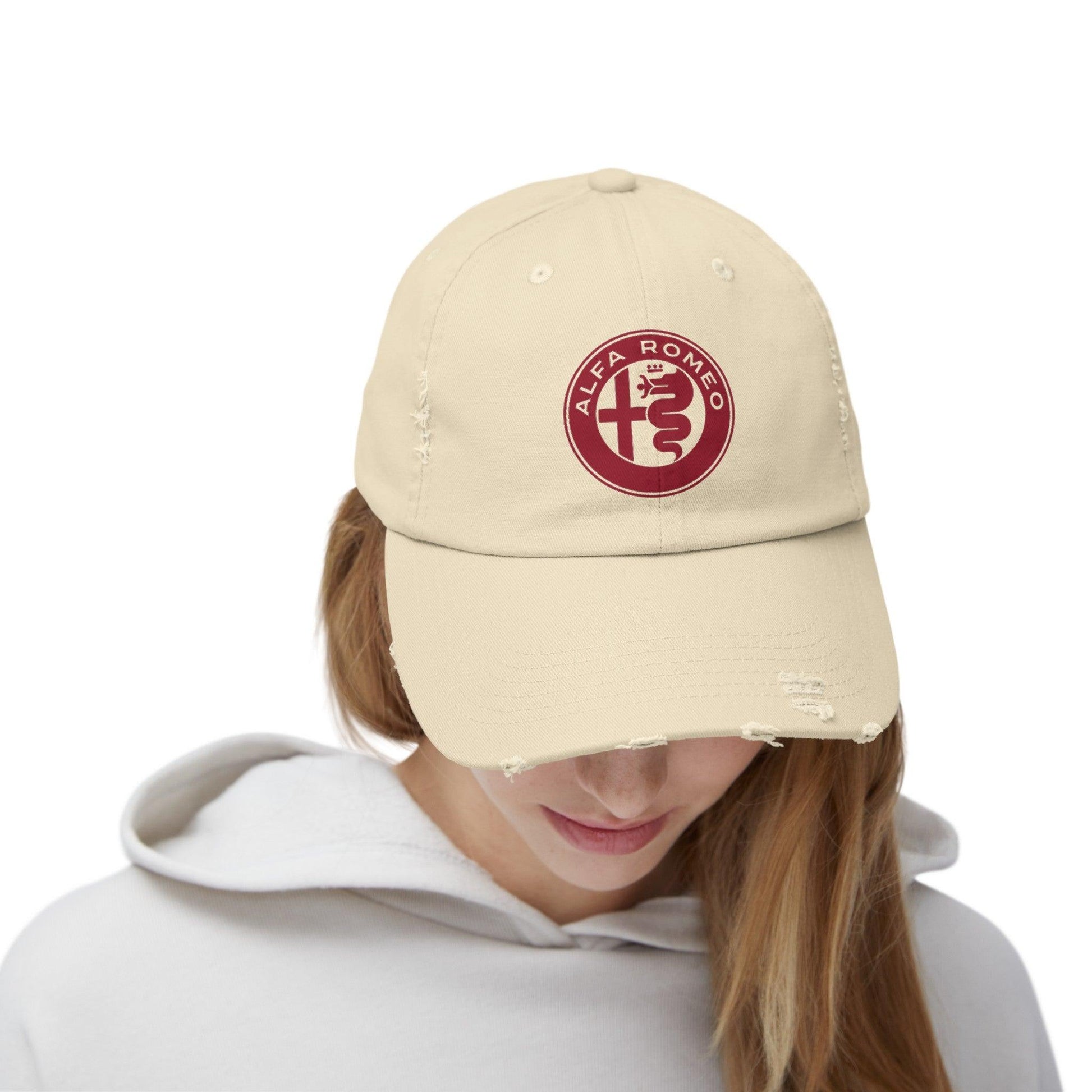 Alfa Romeo Distressed Hat - Unisex 100% Cotton Twill - Adjustable Fit Cap - Stylish and Durable - Perfect for Car Enthusiasts - AI Print Spot