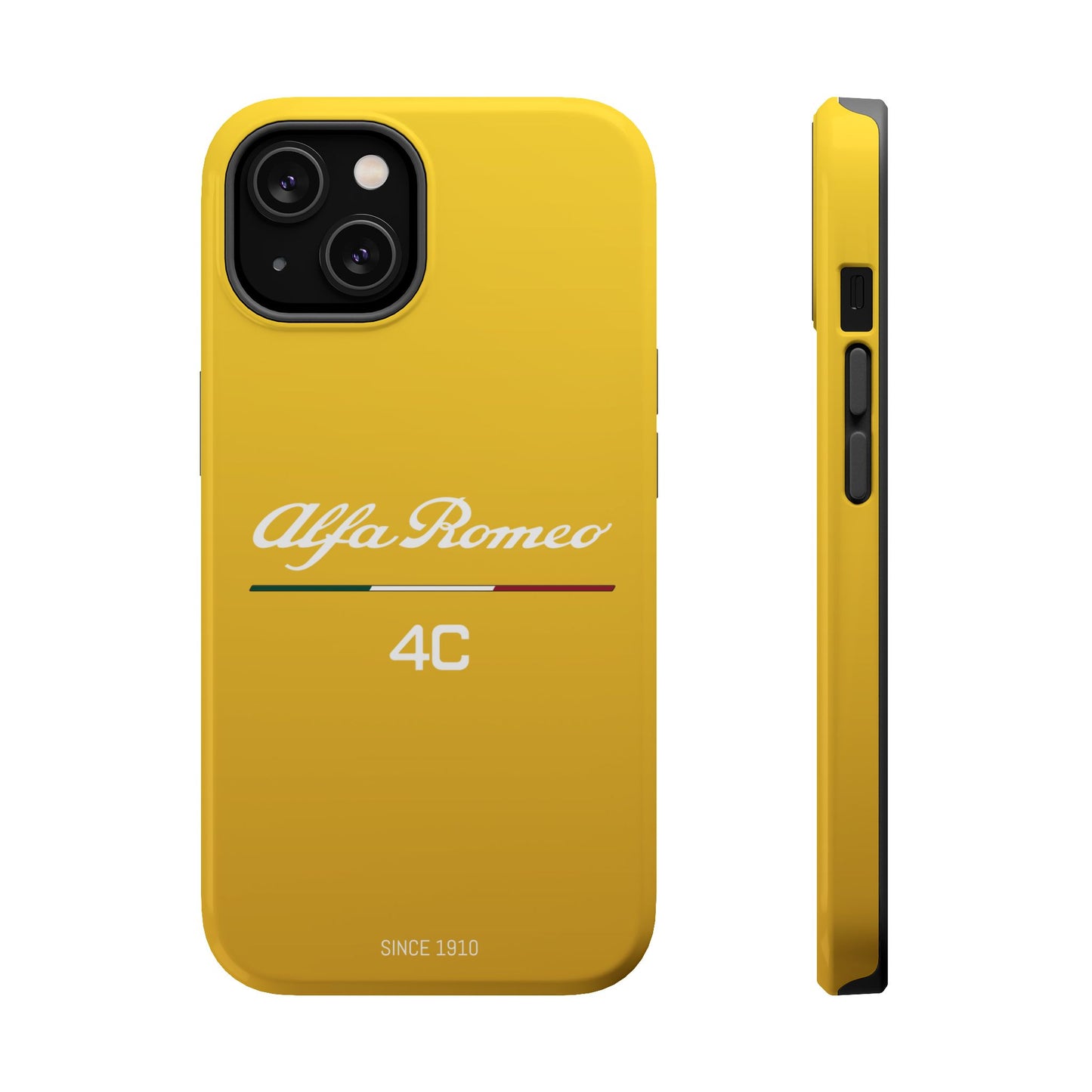 MagSafe® Dual Layer iPhone Case - Alfa Romeo 4C Design in White on Giallo Prototipo