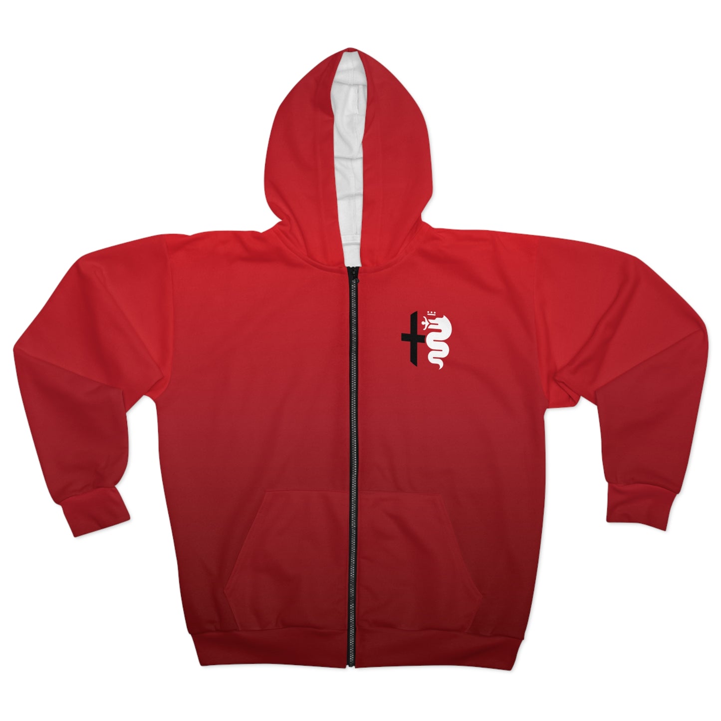 Alfa Romeo Rosso Etna Red Zip Hoodie - Biscione Snake & Cross Boldness - Made in the USA