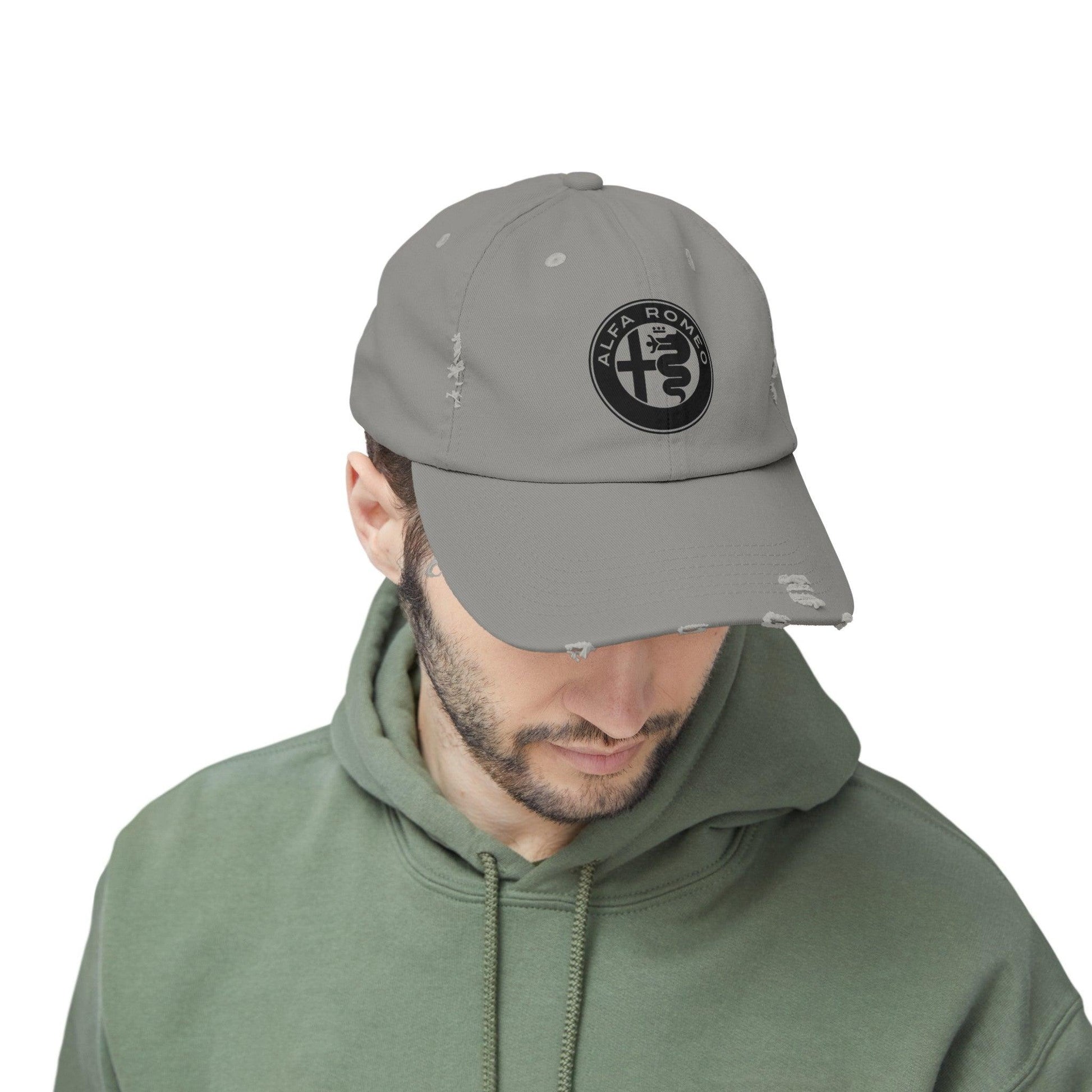 Alfa Romeo Distressed Hat - Unisex 100% Cotton Twill - Adjustable Fit Cap - Stylish and Durable - Perfect for Car Enthusiasts - AI Print Spot