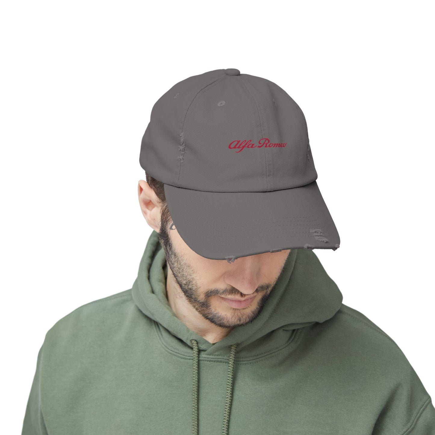 Alfa Romeo Script Logo Distressed Cap - Unisex 100% Cotton Twill - Adjustable Fit - Stylish and Durable - Perfect for Car Enthusiasts