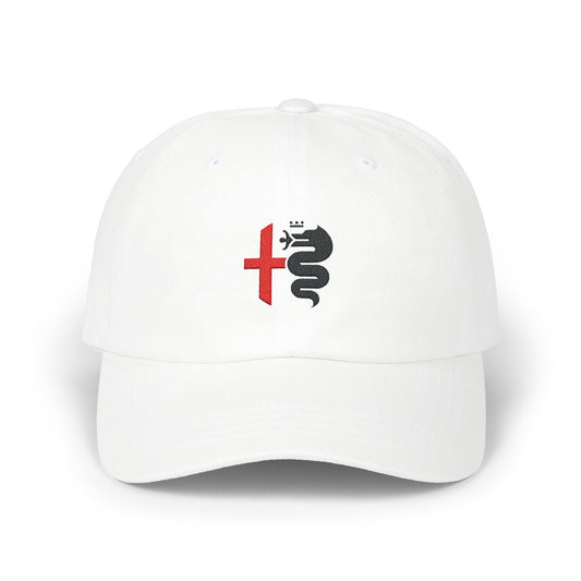 Classic White Dad Cap with Alfa Romeo Biscione Snake & Cross in Red & Black Embroidered