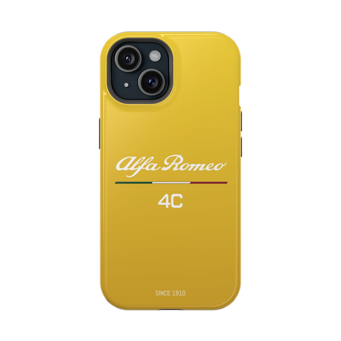 MagSafe® Dual Layer iPhone Case - Alfa Romeo 4C Design in White on Giallo Prototipo