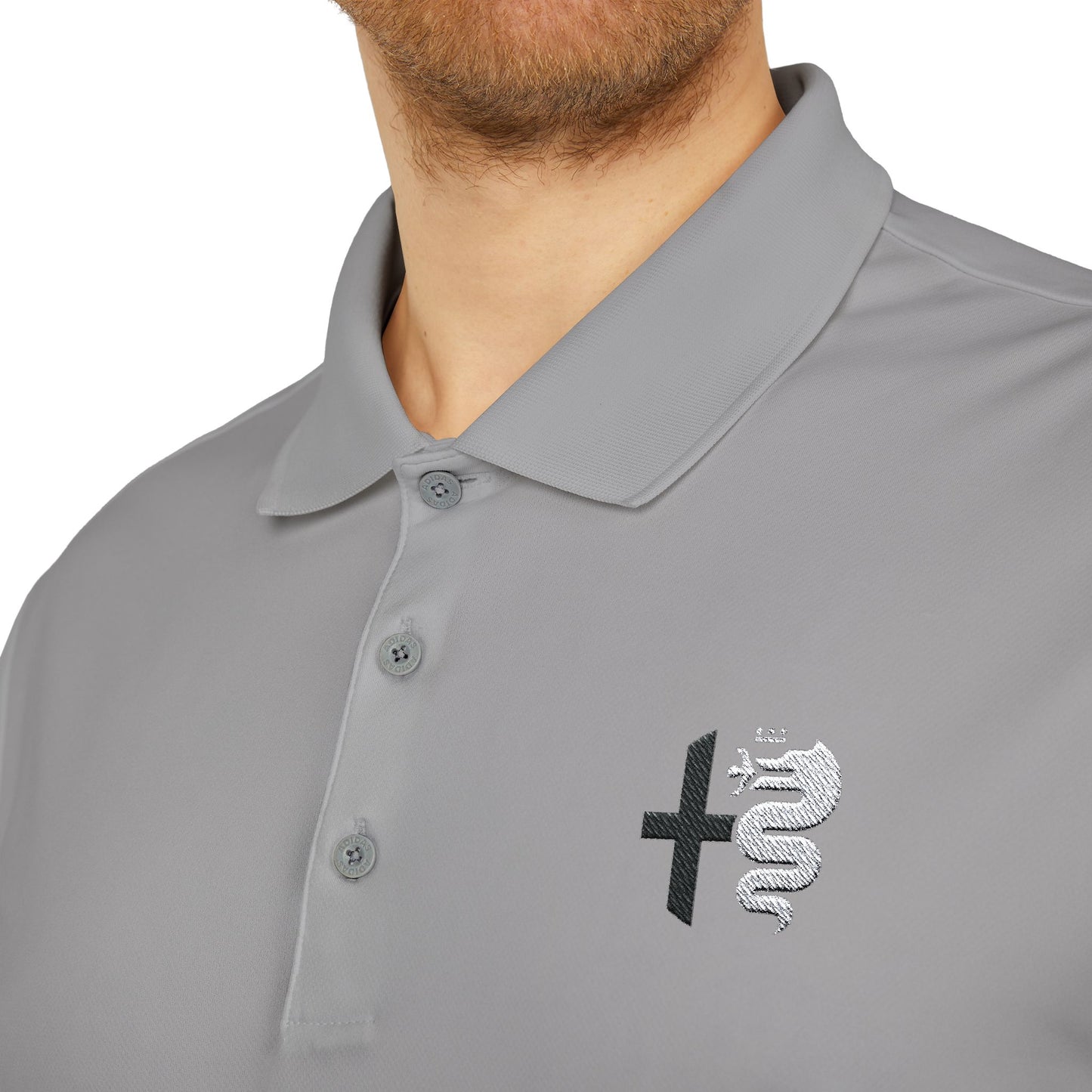 adidas Unisex Performance Polo – Alfa Romeo Biscione Snake & Cross in Black & White Design - AI Print Spot