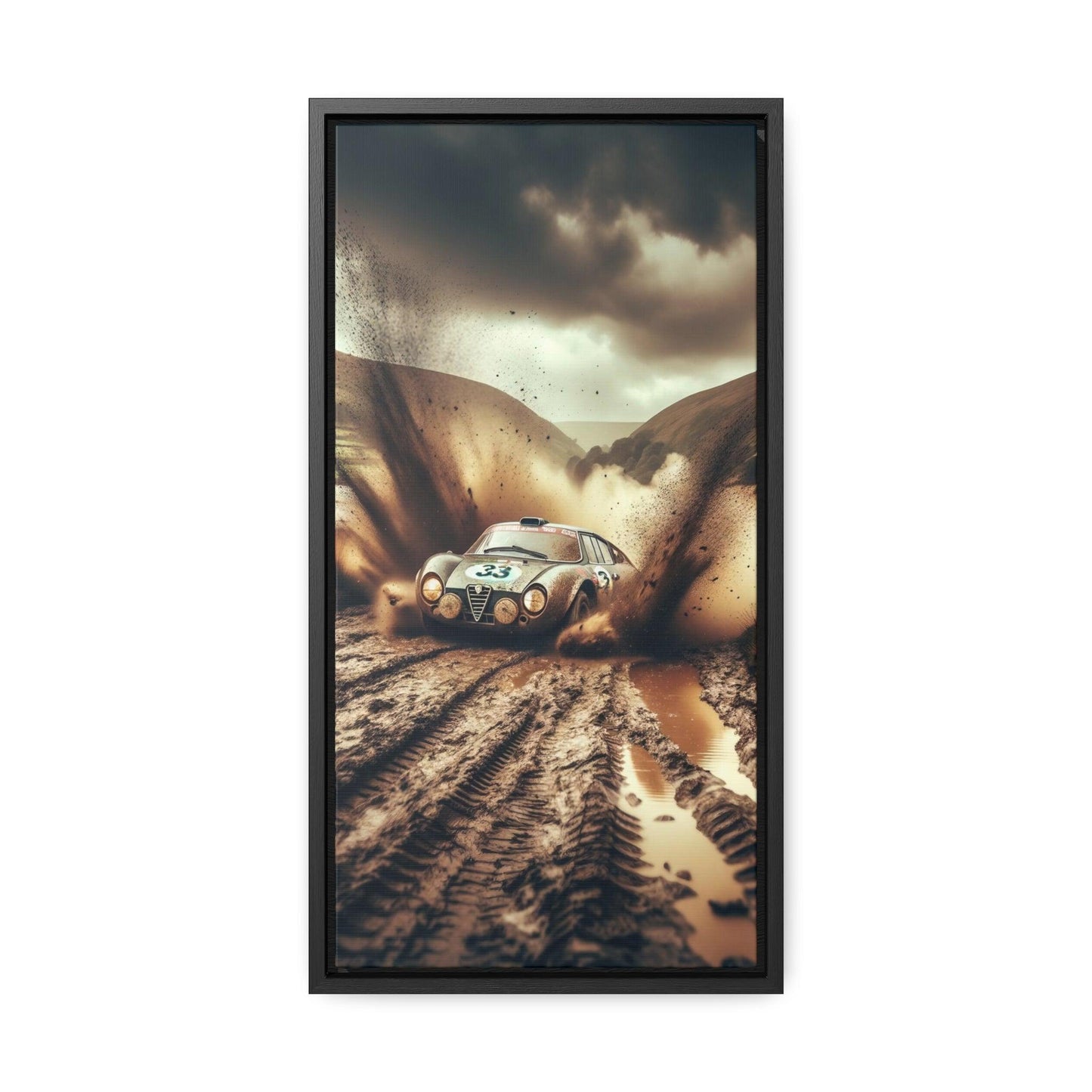 Alfa Romeo 33 Rally Wales: Muddy Havoc Excitement Edition - Vertical Canvas Print - AI Print Spot