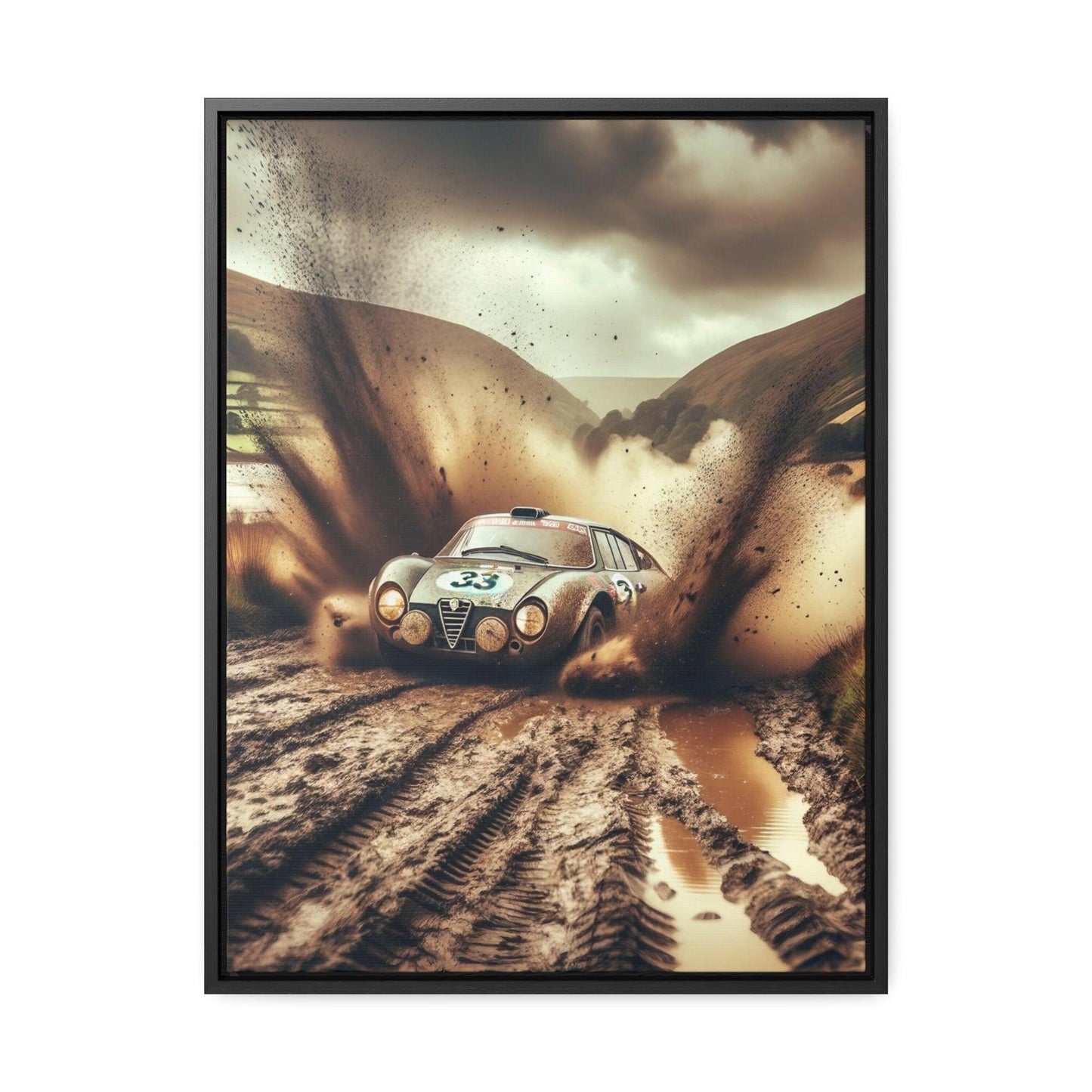 Alfa Romeo 33 Rally Wales: Muddy Havoc Excitement Edition - Vertical Canvas Print - AI Print Spot