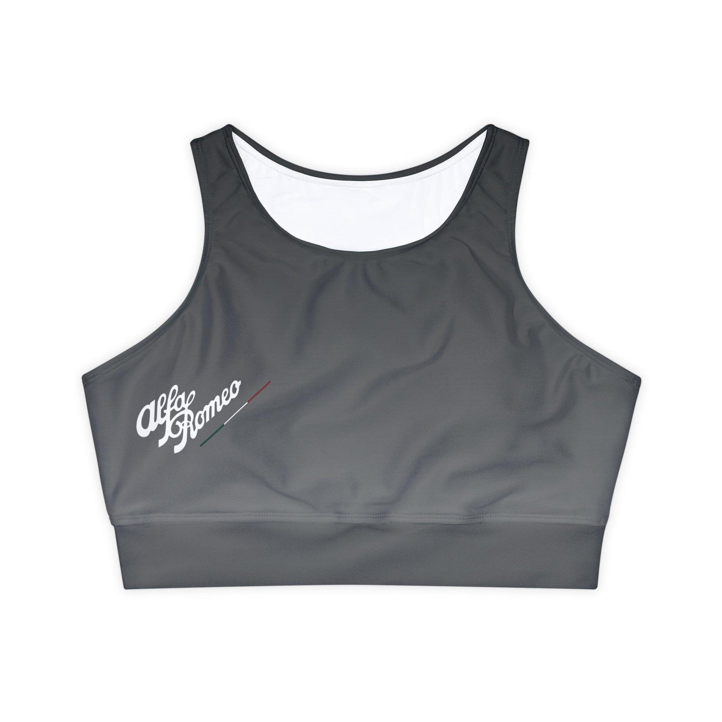 Alfa Romeo High-Neck Sports Bra in Vesuvio Gray - Racerback, Removable Cups - AI Print Spot