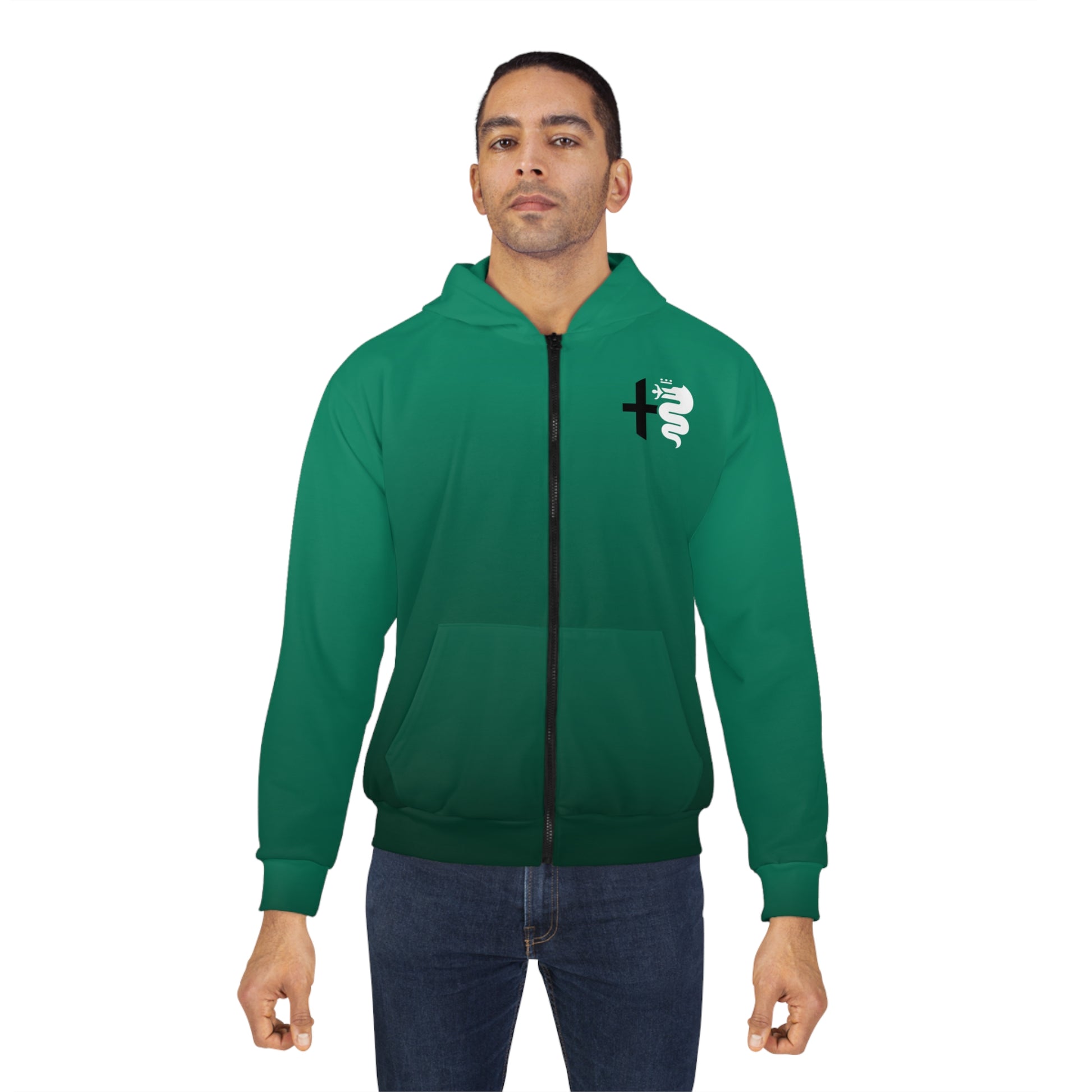 Alfa Romeo Montreal Verde Green Zip Hoodie - Biscione Snake & Cross Iconic Style - Made in the USA - AI Print Spot