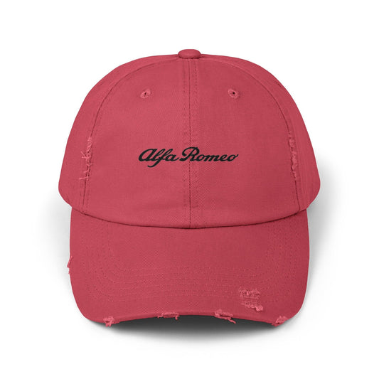 Alfa Romeo Script Logo Distressed Hat - Unisex 100% Cotton Twill - Adjustable Fit Cap - Stylish and Durable - Perfect for Car Enthusiasts - AI Print Spot