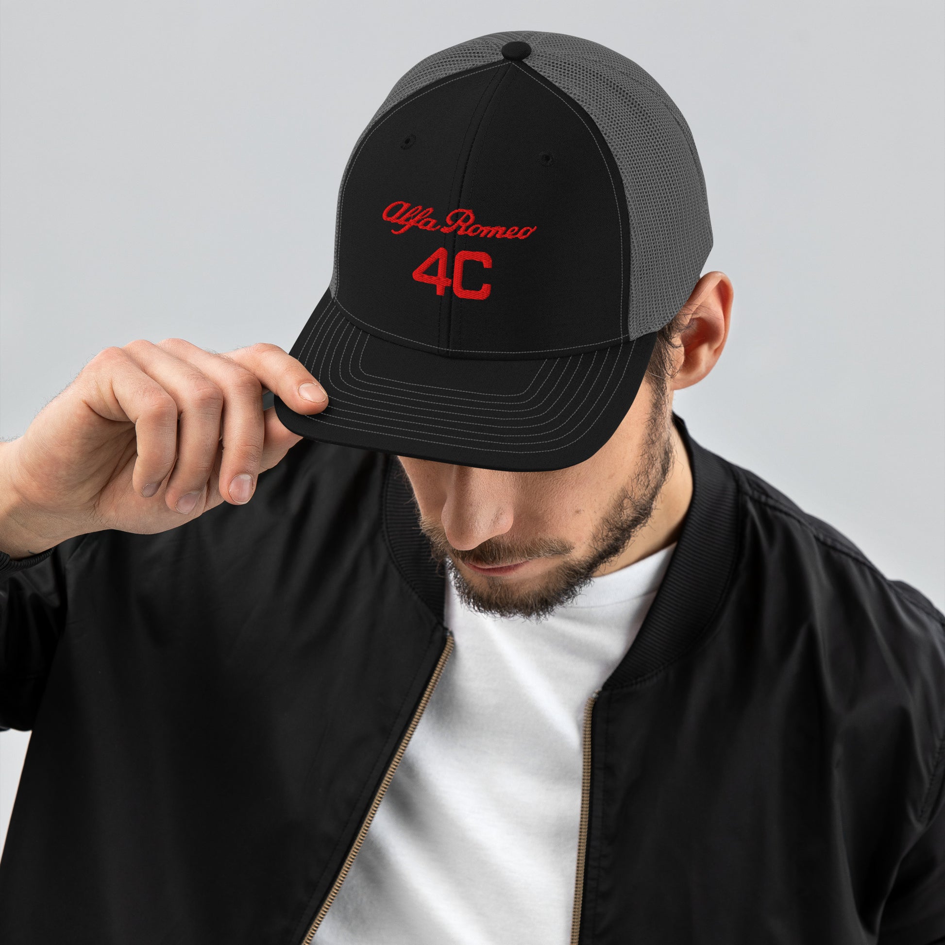 Bold Style Meets Alfa Romeo Heritage: Embroidered 4C Snapback Trucker Cap - AI Print Spot