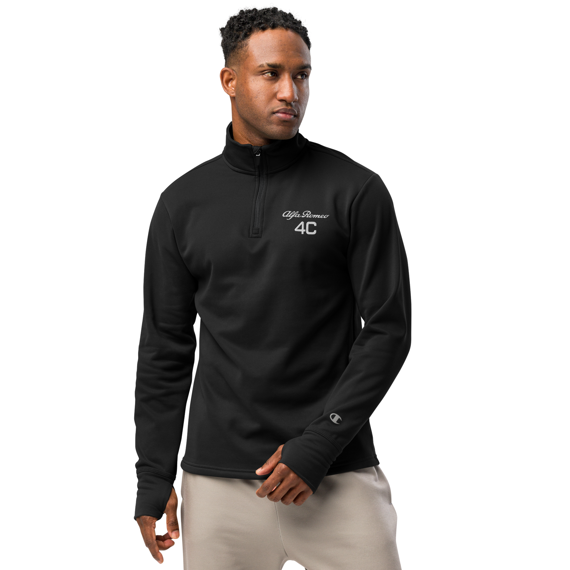 Champion Quarter Zip Pullover with Embroidered Alfa Romeo 4C Logo in White – Lightweight and Stylish Activewear - AI Print Spot