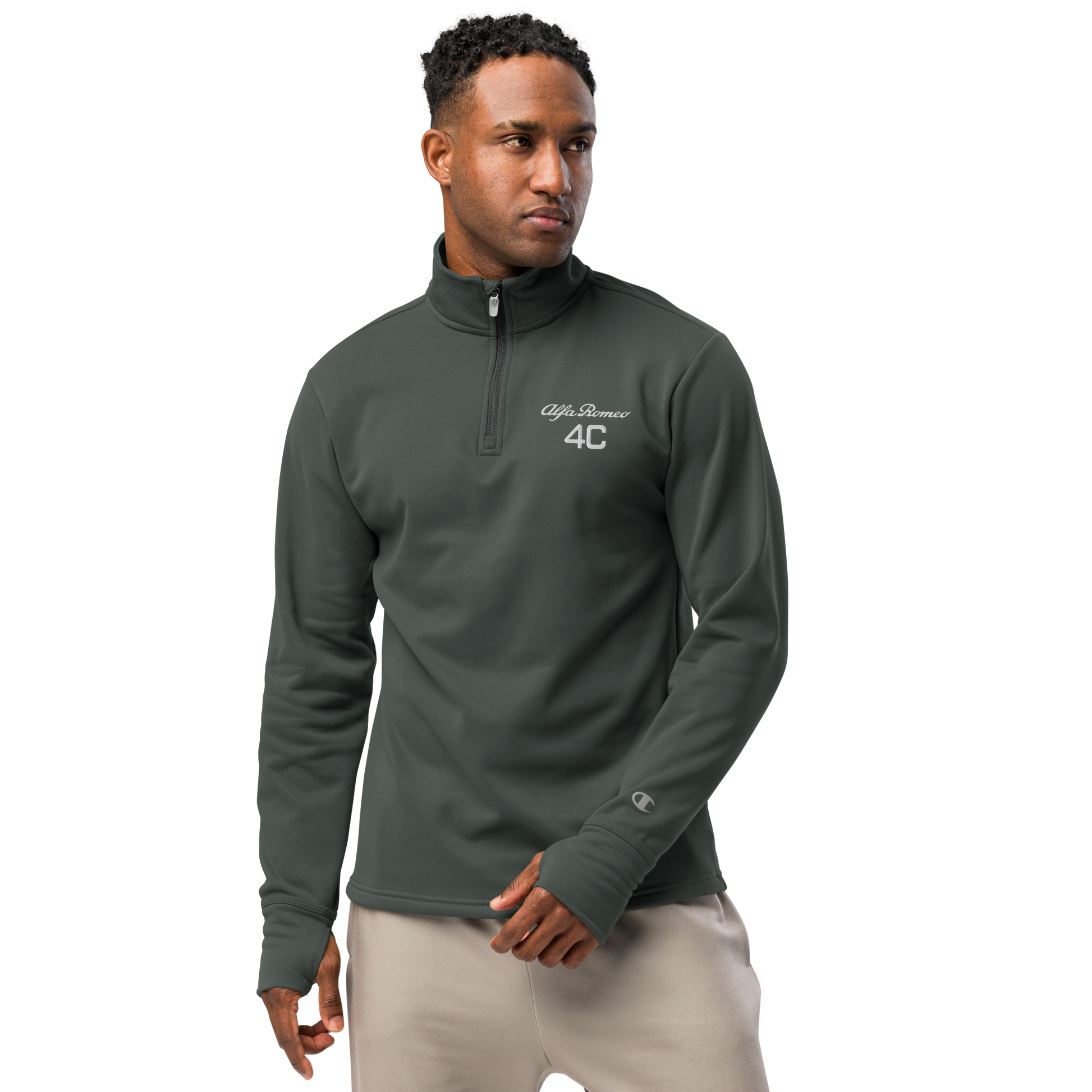 Champion Quarter Zip Pullover with Embroidered Alfa Romeo 4C Logo in White – Lightweight and Stylish Activewear - AI Print Spot