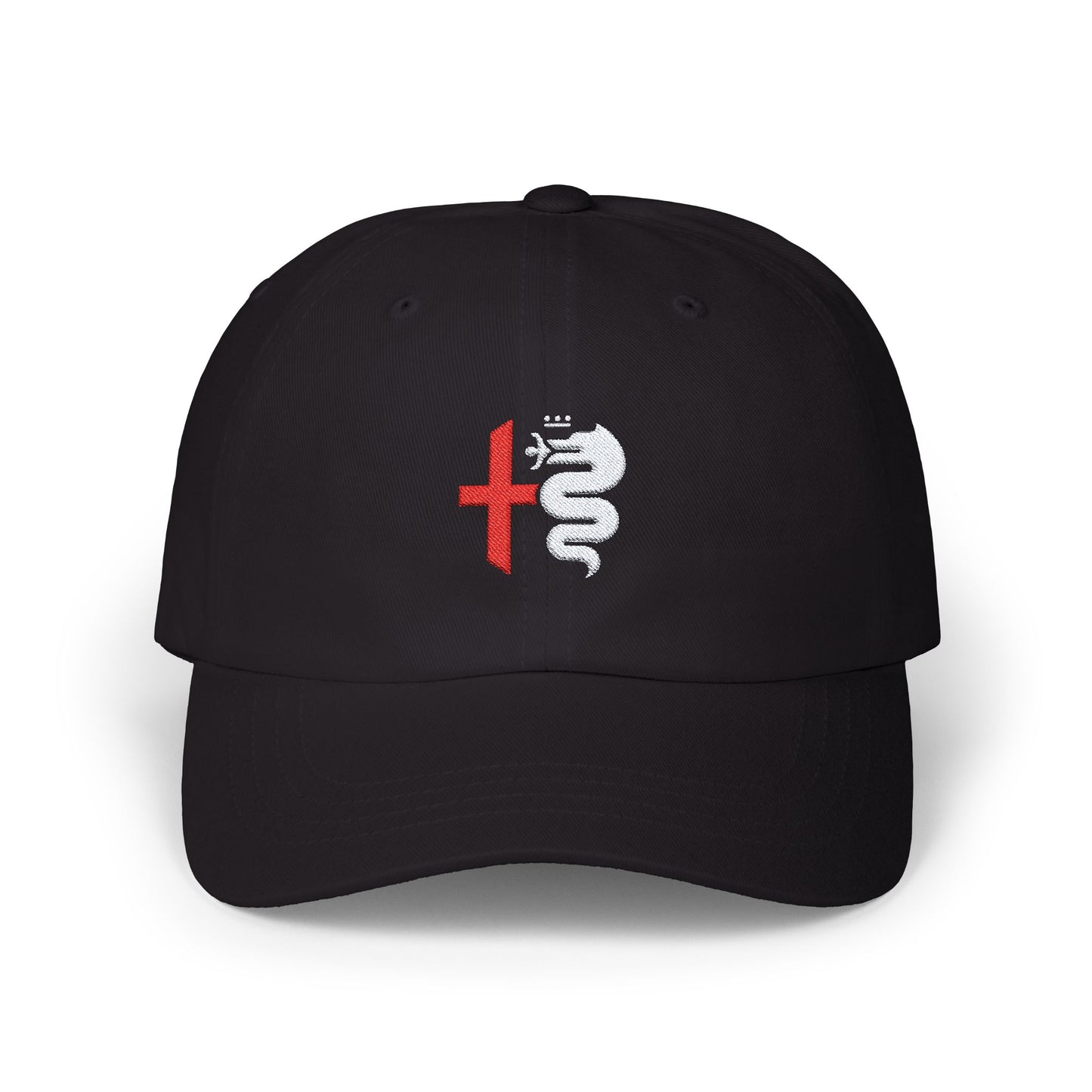 Classic Black Dad Cap Embroidered with Alfa Romeo Biscione Snake & Cross in Red & White - AI Print Spot