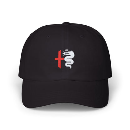 Classic Black Dad Cap Embroidered with Alfa Romeo Biscione Snake & Cross in Red & White - AI Print Spot