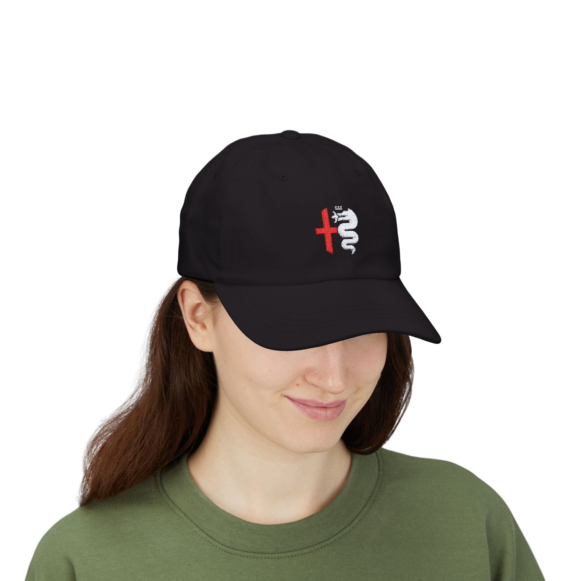 Classic Black Dad Cap Embroidered with Alfa Romeo Biscione Snake & Cross in Red & White - AI Print Spot