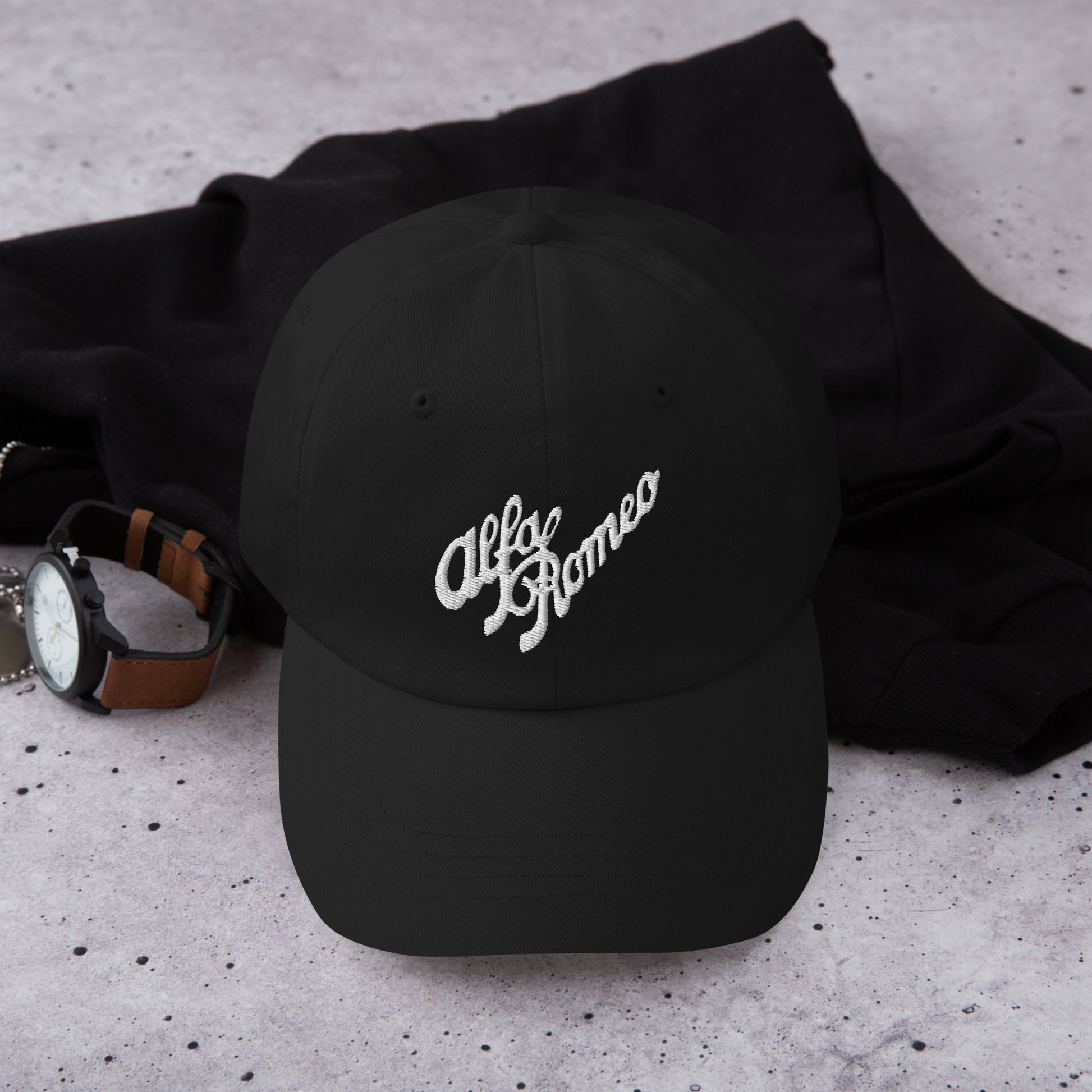 Classic Dad Hat - Embroidered 1930s Alfa Romeo Script, Quadrifoglio & Biscione - AI Print Spot