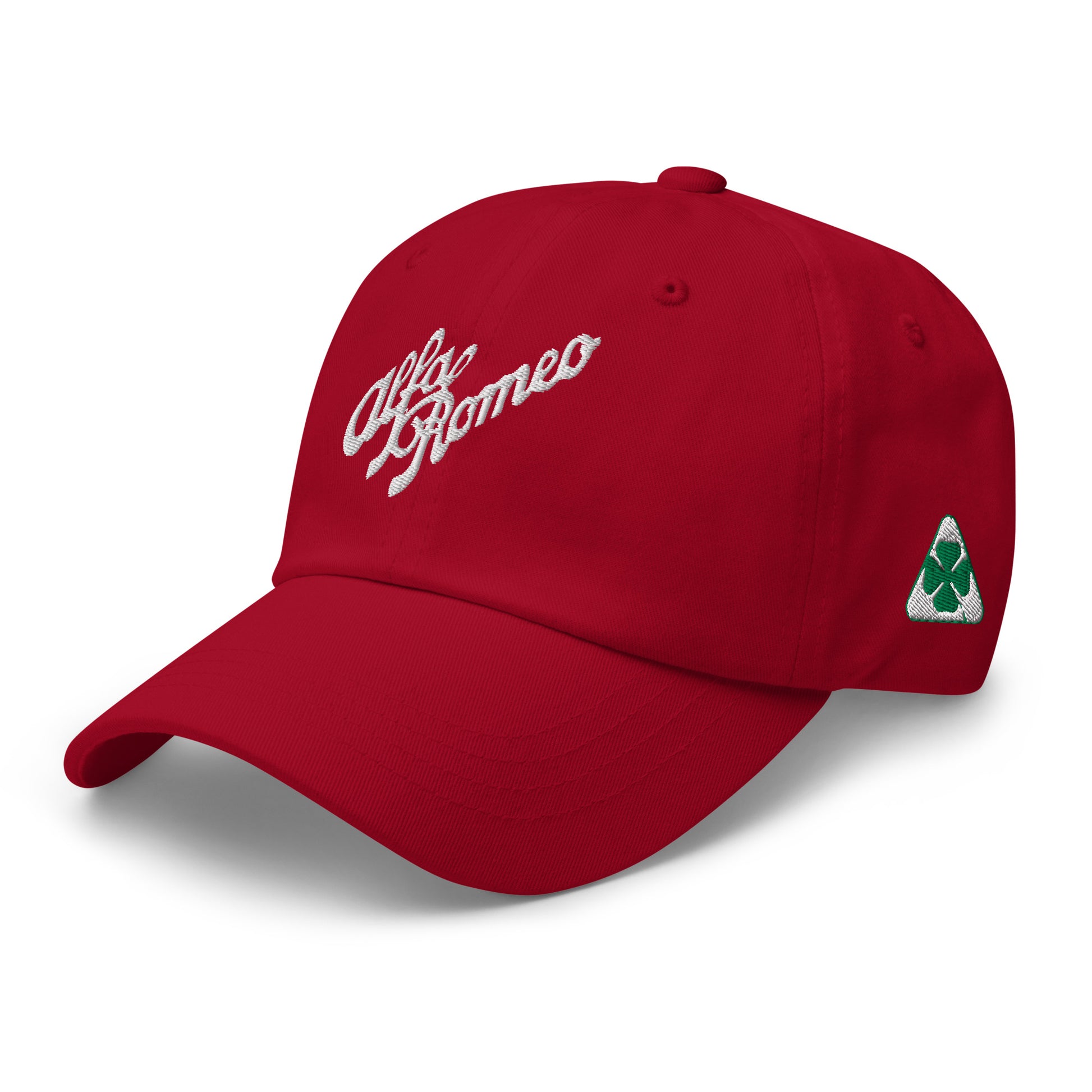 Classic Dad Hat - Embroidered 1930s Alfa Romeo Script, Quadrifoglio & Biscione - AI Print Spot