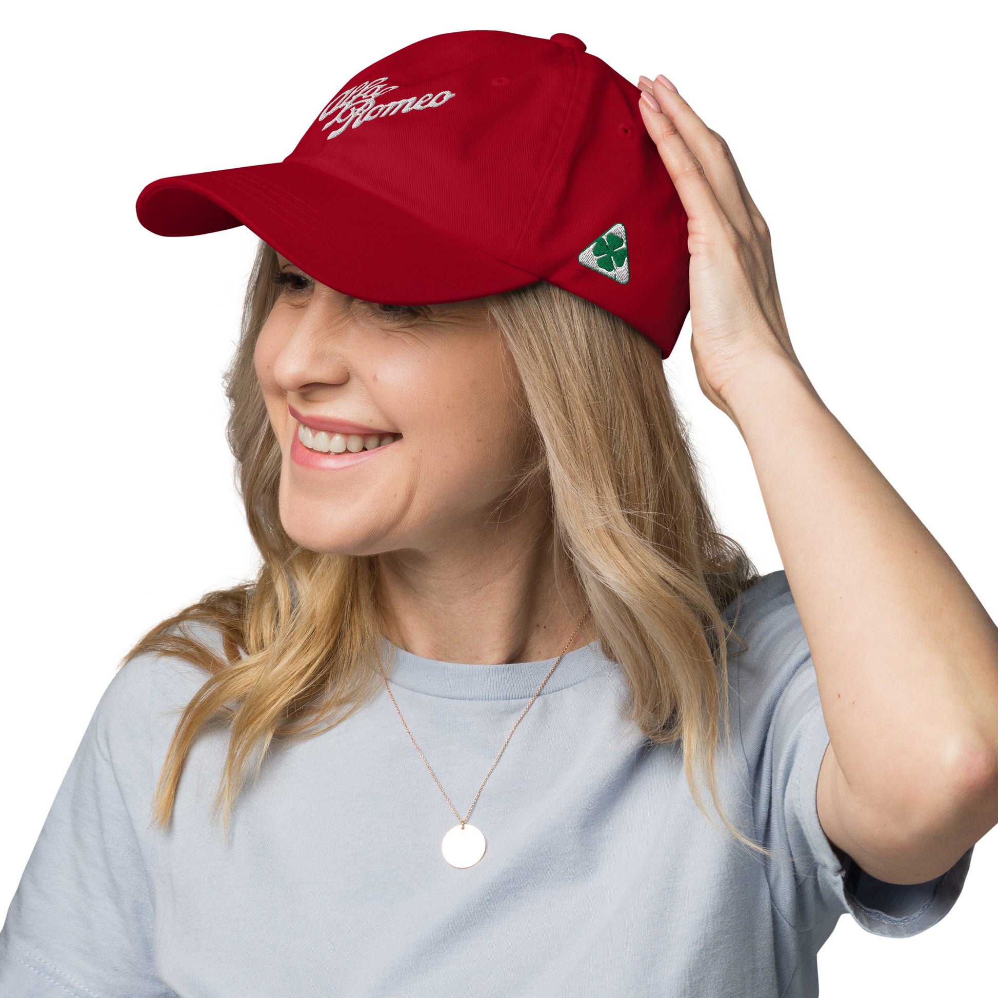 Classic Dad Hat - Embroidered 1930s Alfa Romeo Script, Quadrifoglio & Biscione - AI Print Spot