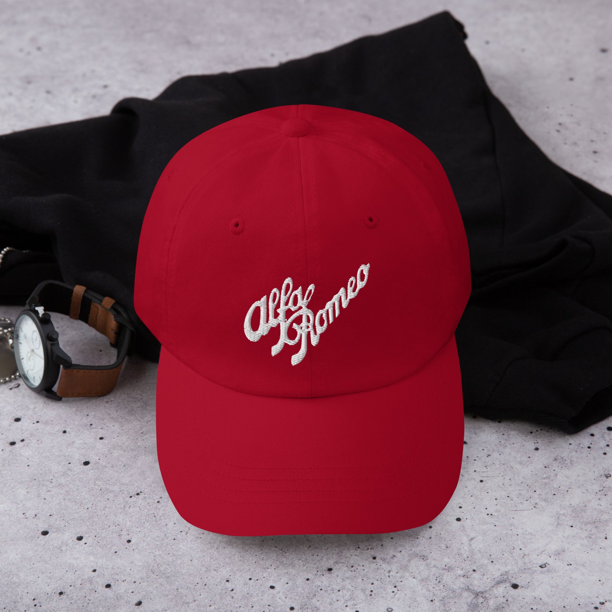 Classic Dad Hat - Embroidered 1930s Alfa Romeo Script, Quadrifoglio & Biscione - AI Print Spot