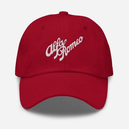 Classic Dad Hat - Embroidered 1930s Alfa Romeo Script, Quadrifoglio & Biscione - AI Print Spot