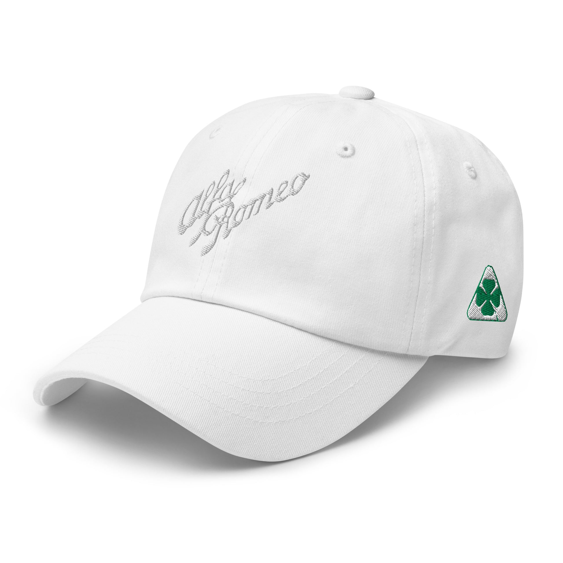 Classic Dad Hat - Embroidered 1930s Alfa Romeo Script, Quadrifoglio & Biscione - AI Print Spot