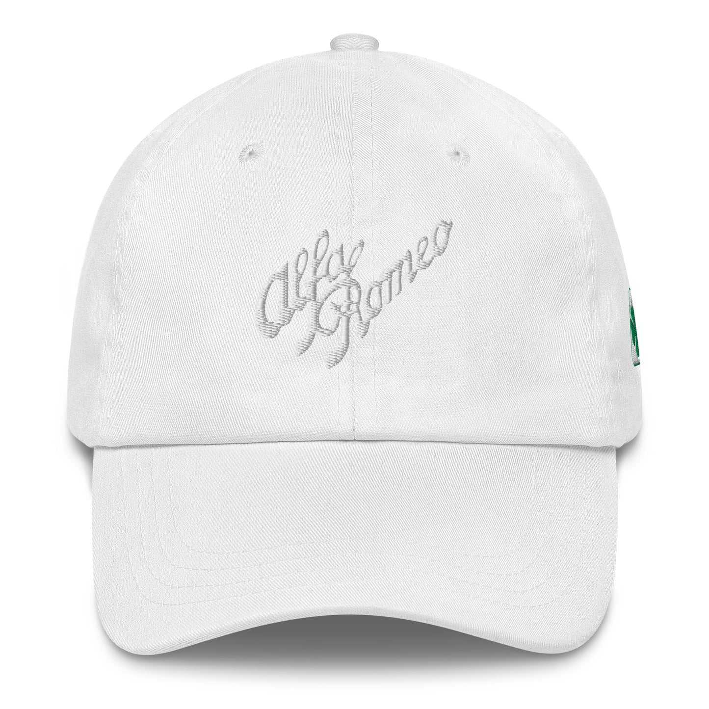 Classic Dad Hat - Embroidered 1930s Alfa Romeo Script, Quadrifoglio & Biscione - AI Print Spot