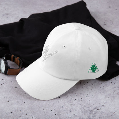 Classic Dad Hat - Embroidered 1930s Alfa Romeo Script, Quadrifoglio & Biscione - AI Print Spot