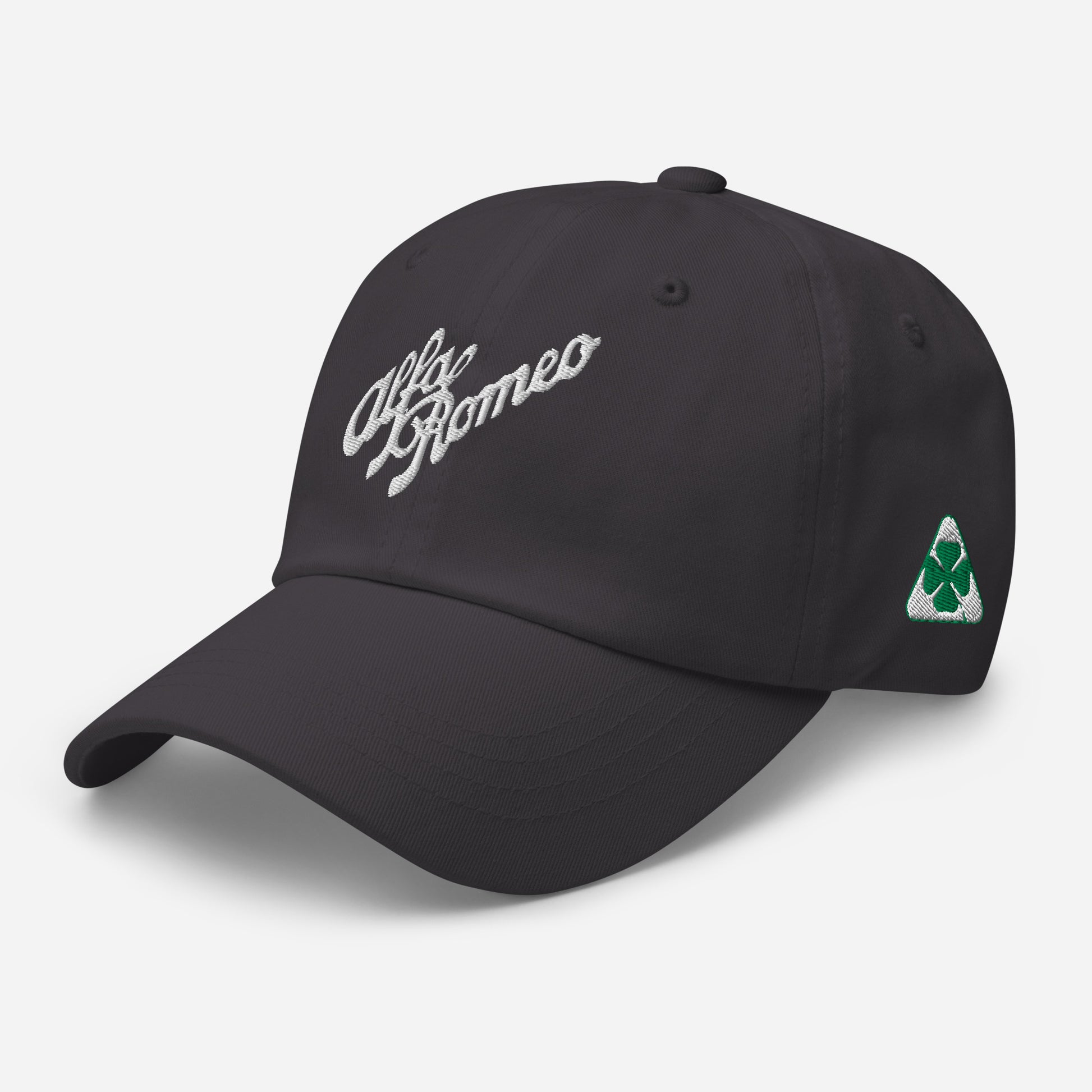 Classic Dad Hat - Embroidered 1930s Alfa Romeo Script, Quadrifoglio & Biscione - AI Print Spot