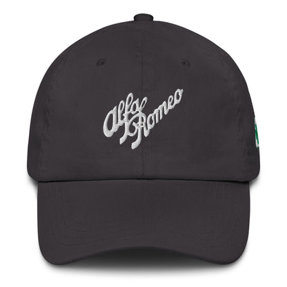 Classic Dad Hat - Embroidered 1930s Alfa Romeo Script, Quadrifoglio & Biscione - AI Print Spot