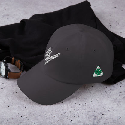 Classic Dad Hat - Embroidered 1930s Alfa Romeo Script, Quadrifoglio & Biscione - AI Print Spot