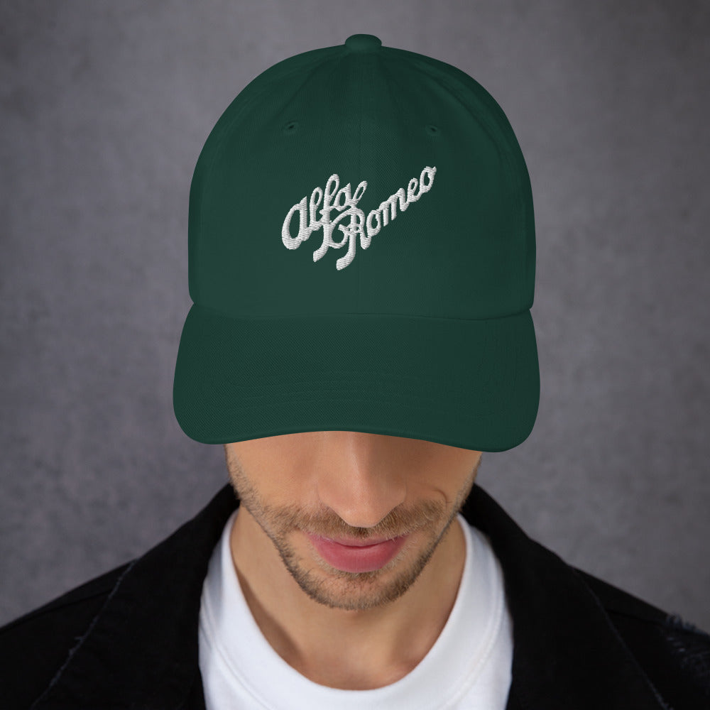 Classic Dad Hat - Embroidered 1930s Alfa Romeo Script, Quadrifoglio & Biscione - AI Print Spot