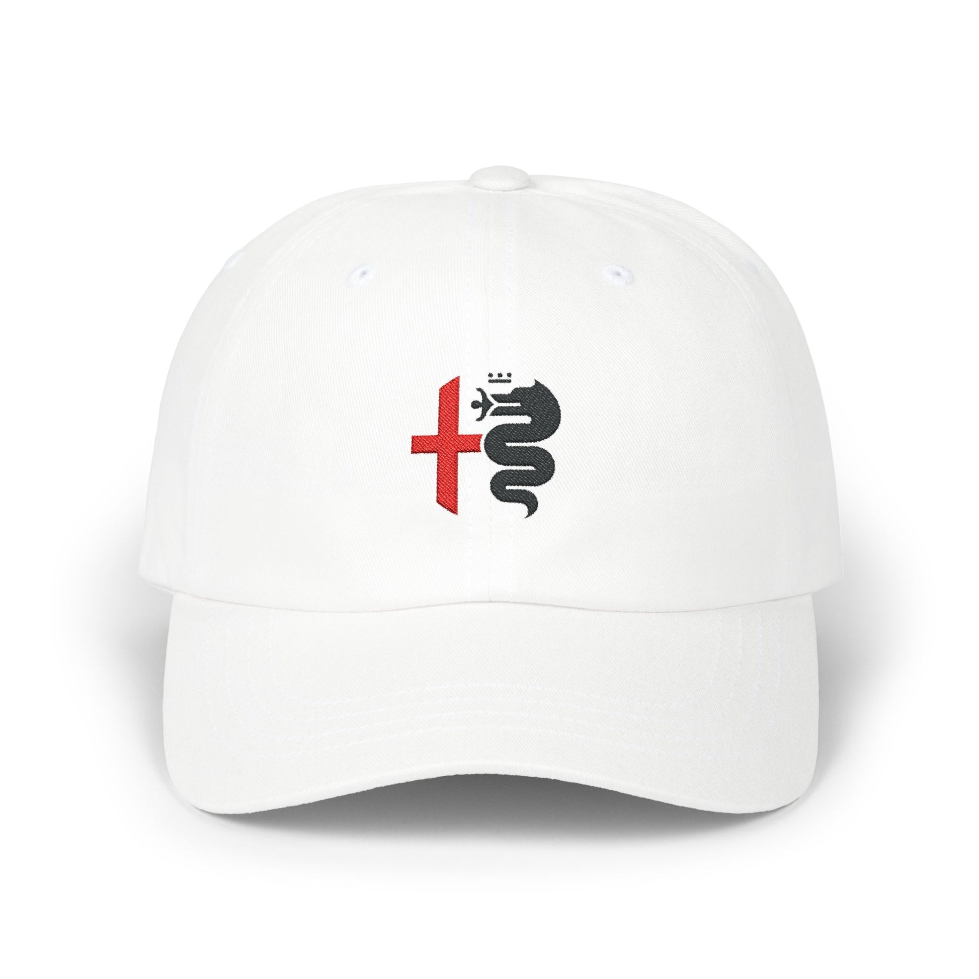 Classic White Dad Cap with Alfa Romeo Biscione Snake & Cross in Red & Black Embroidered - AI Print Spot