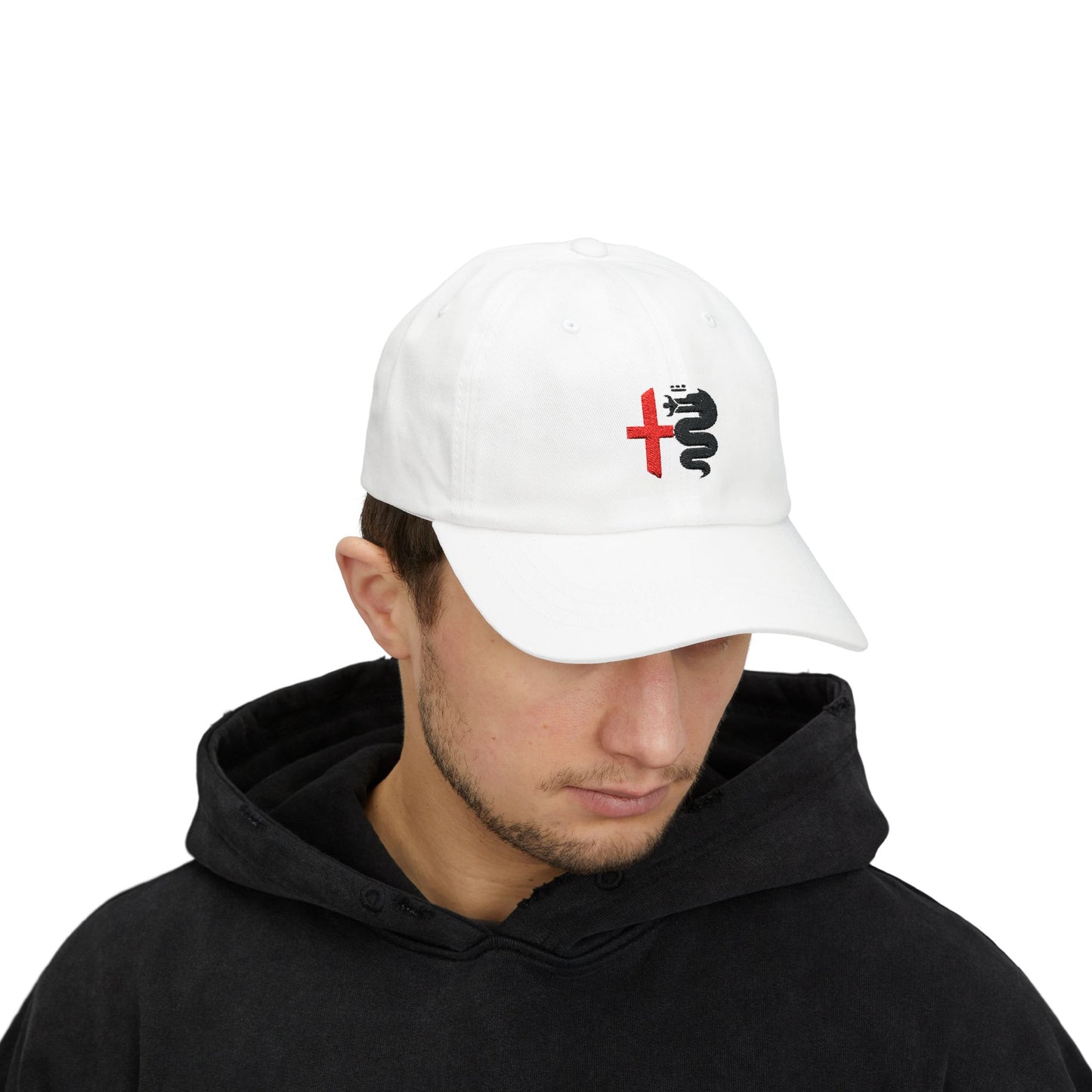 Classic White Dad Cap with Alfa Romeo Biscione Snake & Cross in Red & Black Embroidered - AI Print Spot