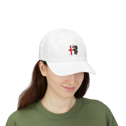 Classic White Dad Cap with Alfa Romeo Biscione Snake & Cross in Red & Black Embroidered - AI Print Spot