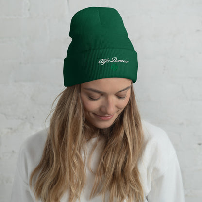 Cuffed Beanie with Embroidered Alfa Romeo Script and Quadrifoglio Verde - AI Print Spot