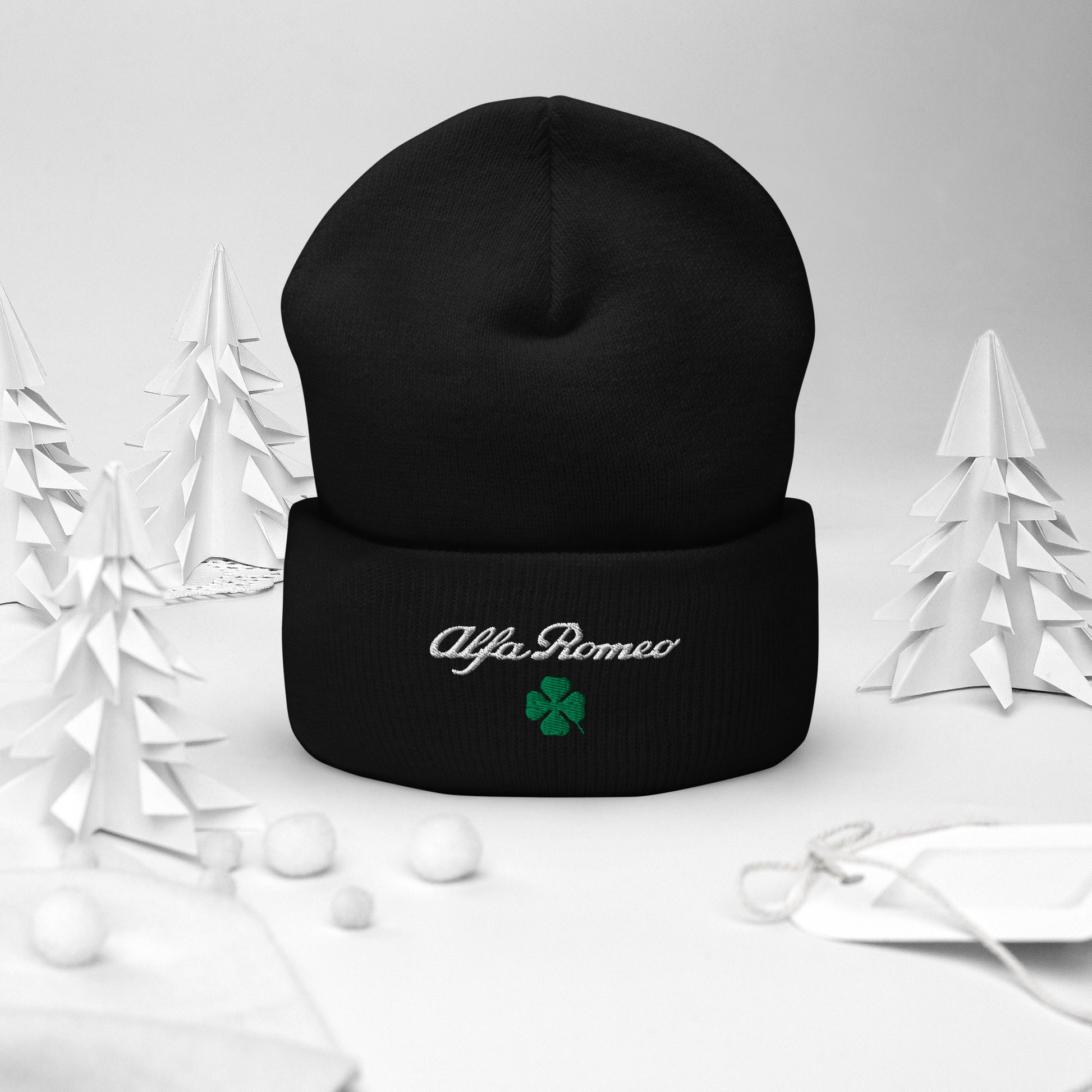 Cuffed Beanie with Embroidered Alfa Romeo Script and Quadrifoglio Verde - AI Print Spot