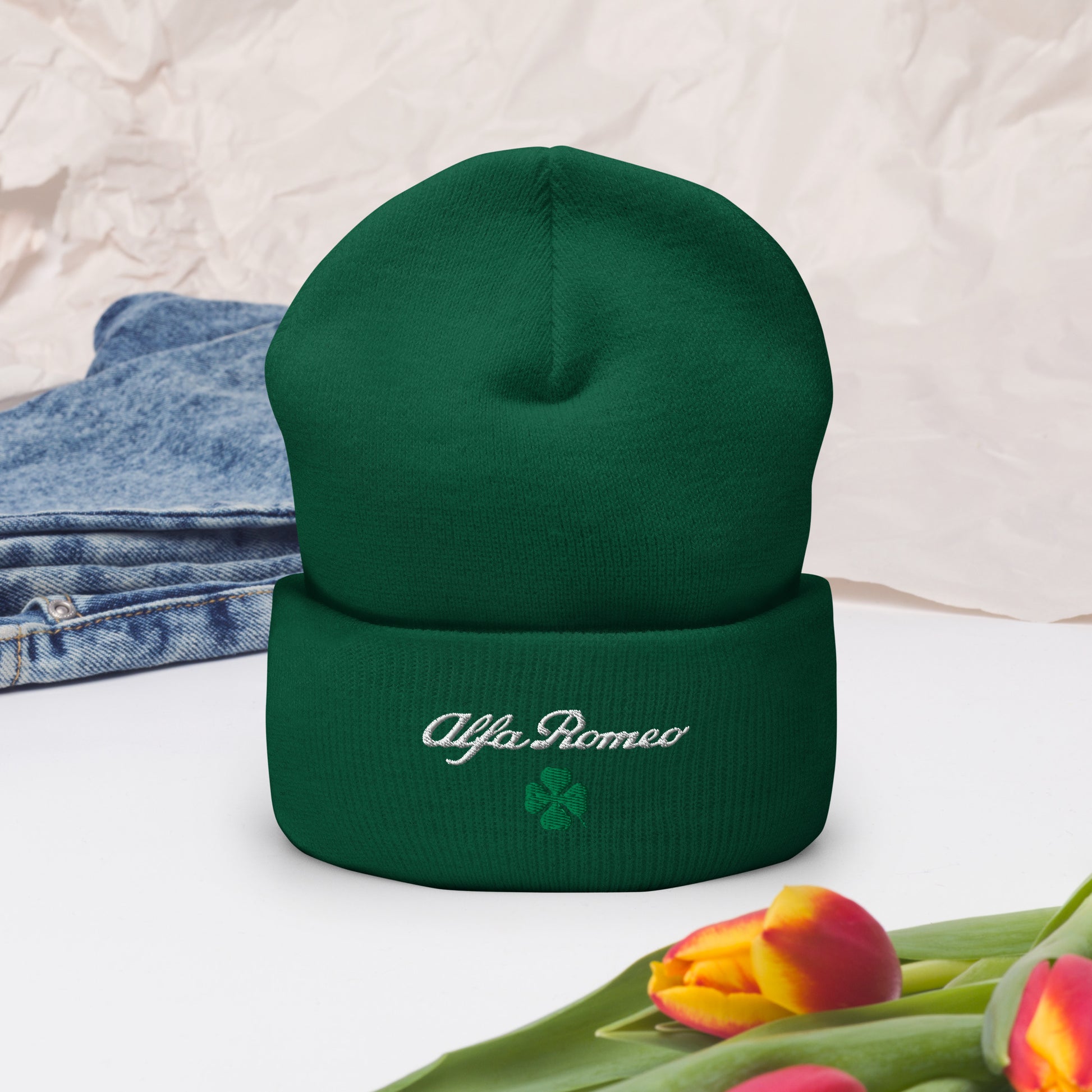 Cuffed Beanie with Embroidered Alfa Romeo Script and Quadrifoglio Verde - AI Print Spot