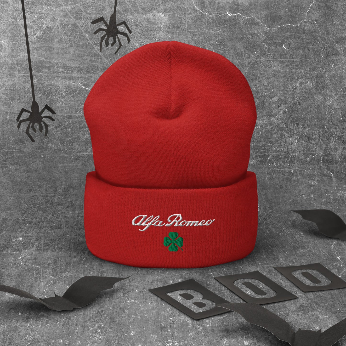 Cuffed Beanie with Embroidered Alfa Romeo Script and Quadrifoglio Verde - AI Print Spot