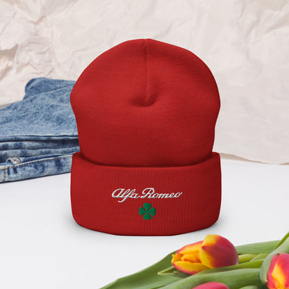 Cuffed Beanie with Embroidered Alfa Romeo Script and Quadrifoglio Verde - AI Print Spot