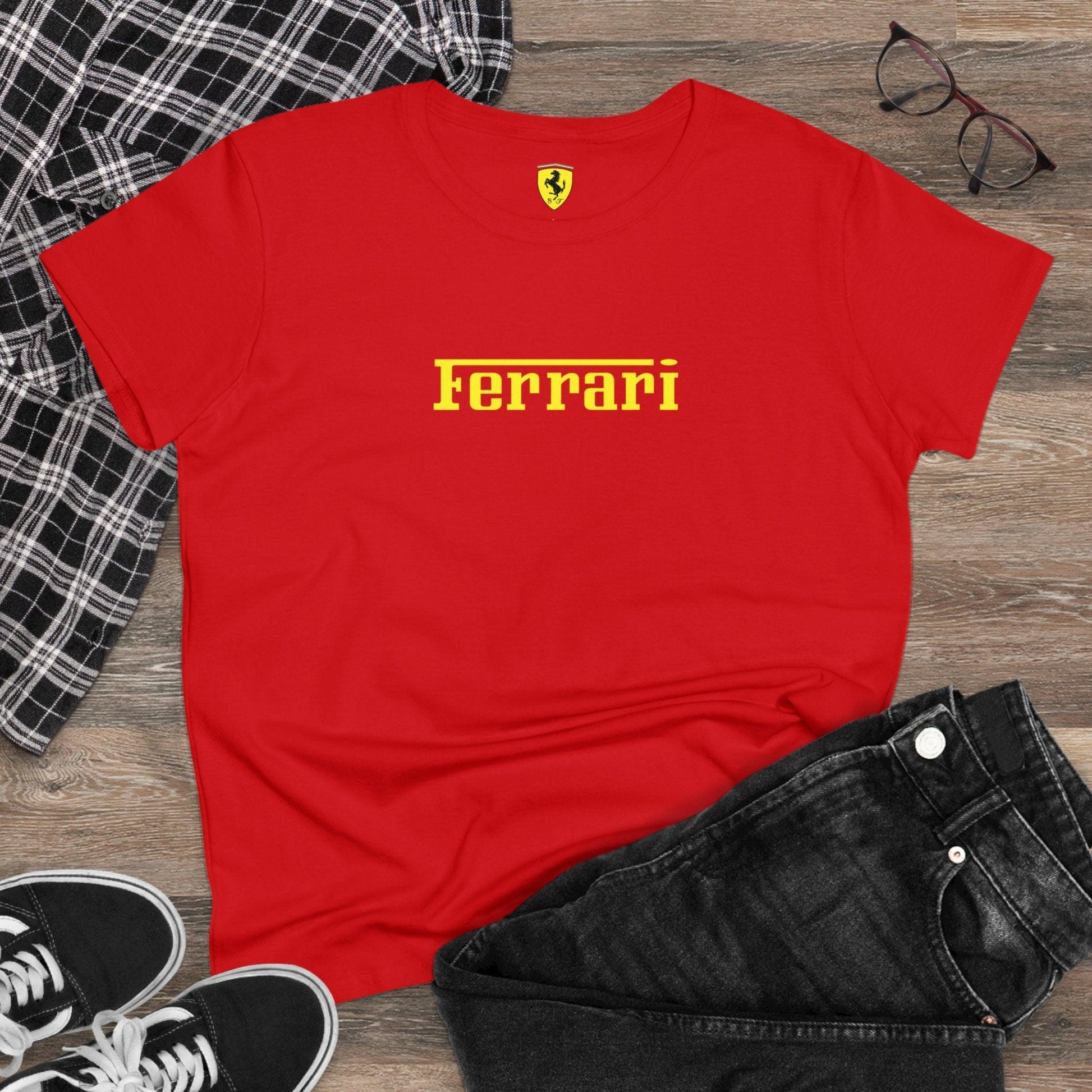 Ferrari Logo Semi - Fitted Women's Tee - Classic Style - 100% Cotton - Pre-Shrunk - AI Print Spot