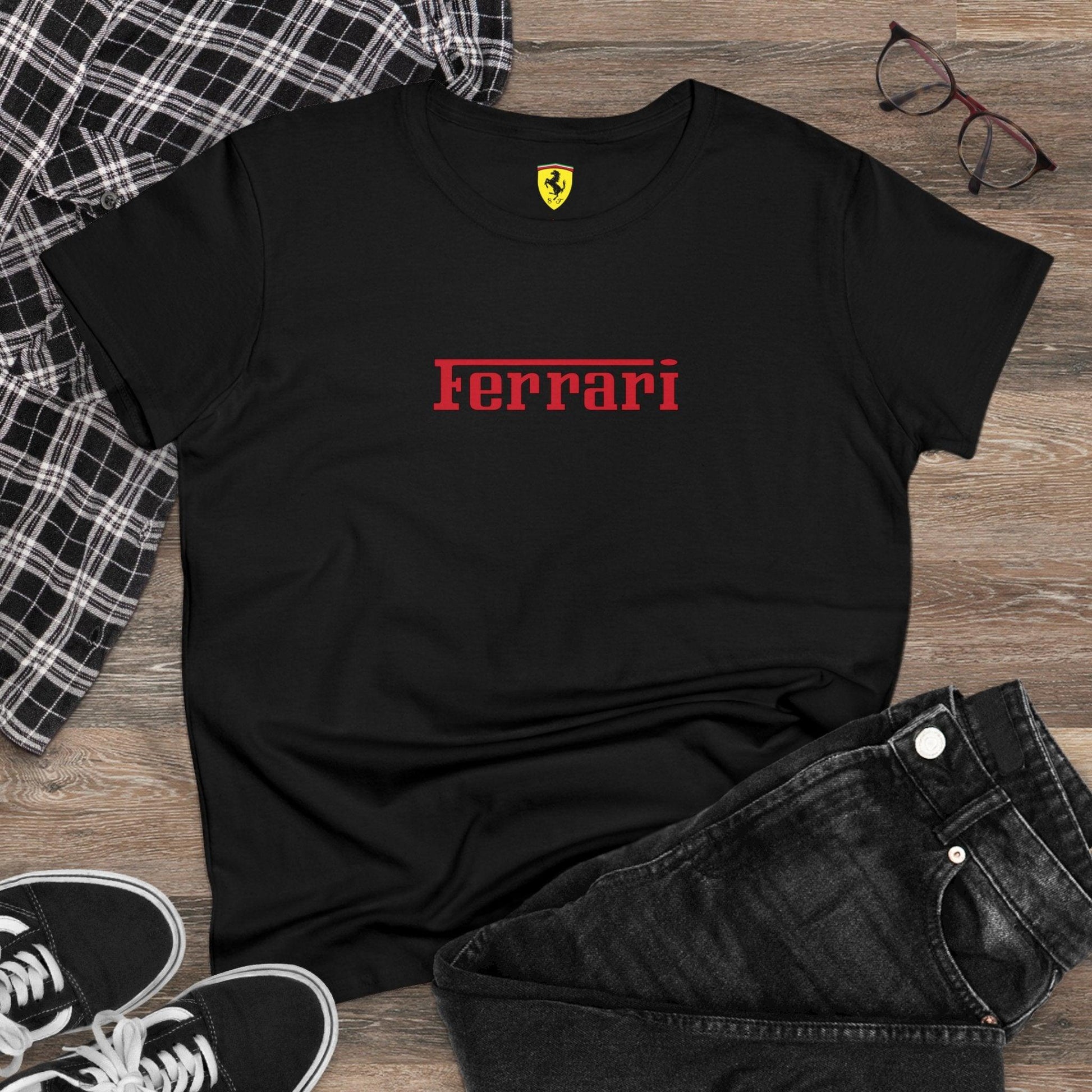 Ferrari Logo Semi - Fitted Women's Tee - Classic Style - 100% Cotton - Pre-Shrunk - AI Print Spot