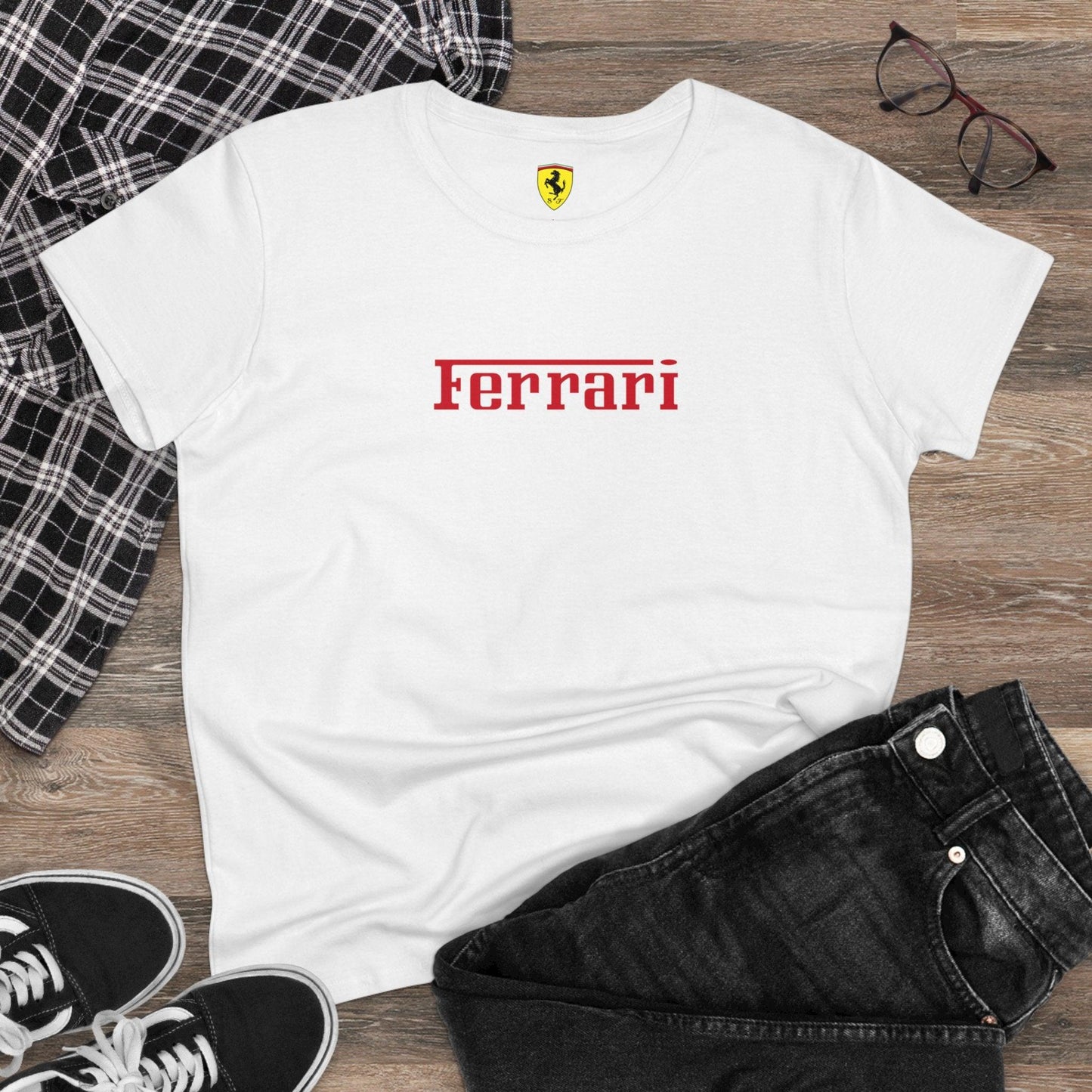 Ferrari Logo Semi - Fitted Women's Tee - Classic Style - 100% Cotton - Pre-Shrunk - AI Print Spot