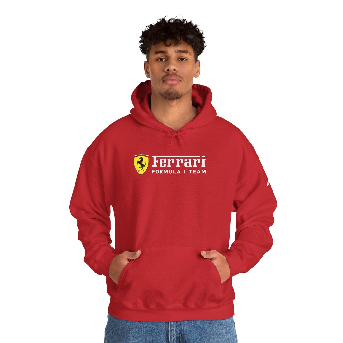 Ferrari Unisex Hoodie Heavy Blend™ - Cozy Comfy Sweatshirt - Classic Scuderia and Formula 1 Team - Gift for a Car Enthusiast - White Logos - AI Print Spot