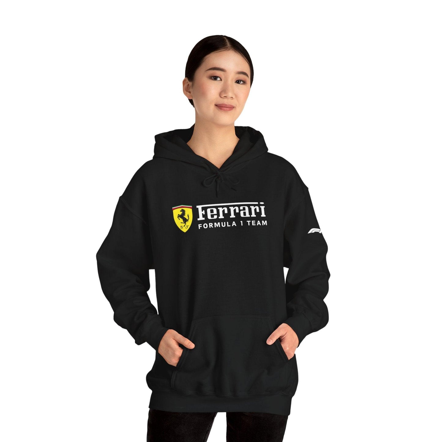 Ferrari Unisex Hoodie Heavy Blend™ - Cozy Comfy Sweatshirt - Classic Scuderia and Formula 1 Team - Gift for a Car Enthusiast - White Logos - AI Print Spot