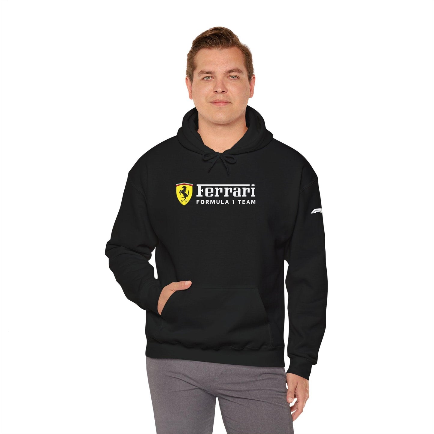 Ferrari Unisex Hoodie Heavy Blend™ - Cozy Comfy Sweatshirt - Classic Scuderia and Formula 1 Team - Gift for a Car Enthusiast - White Logos - AI Print Spot