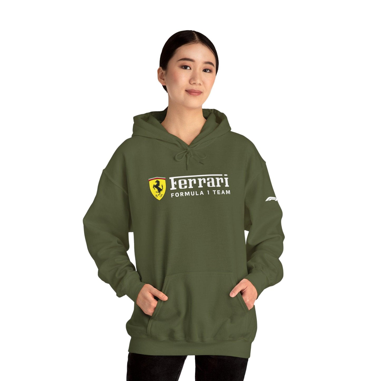 Ferrari Unisex Hoodie Heavy Blend™ - Cozy Comfy Sweatshirt - Classic Scuderia and Formula 1 Team - Gift for a Car Enthusiast - White Logos - AI Print Spot